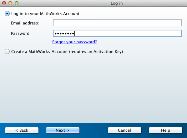 הכנסת פרטי חשבון MathWorks