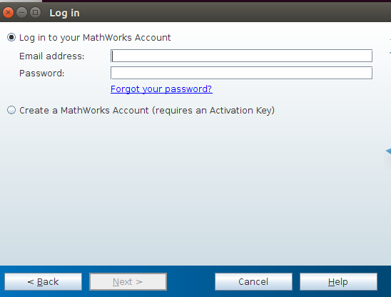 הכנסת פרטי חשבון MathWorks