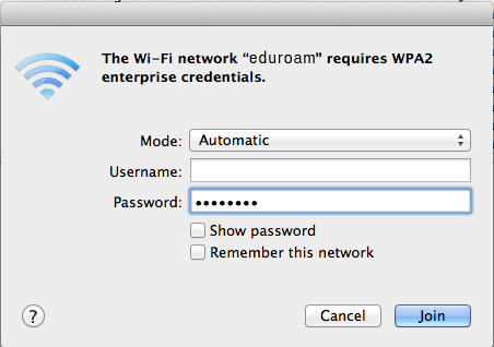 חיבור ל-eduroam חלון הכנסת שם משתמש וסיסמה
