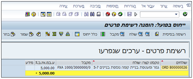 ייחוס בפועל: הזמנה רשימת פרטים