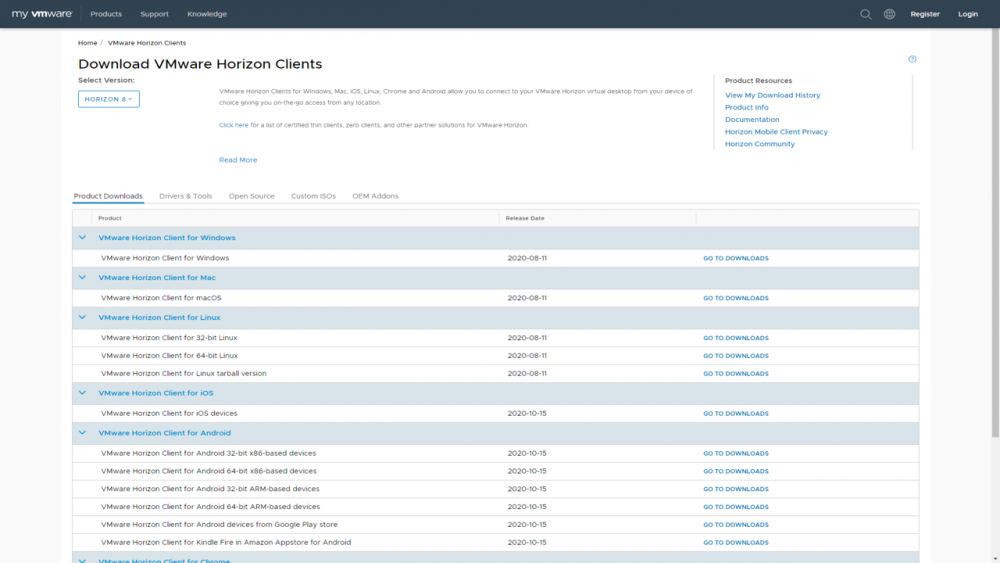 VMware Horizon Client Download page